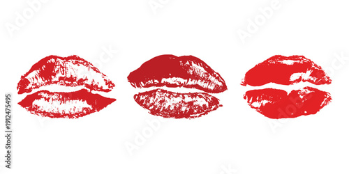Set of lipstick kiss print Different shapes and colors imprint of lips Red pink female sexy lips makeup Design elements for beauty fashion poster Valentines Day wedding
