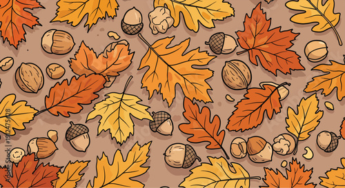 Autumn Leaves and Nuts on Forest Ground – Rustic Fall Nature Landscape Element
