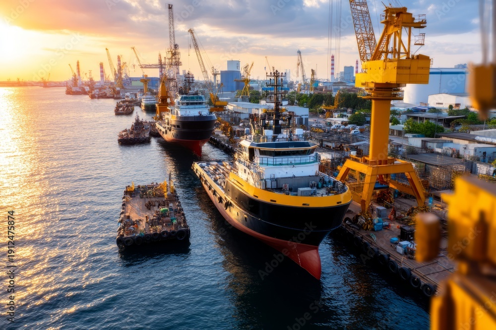 Fototapeta premium Overview of Ongoing Boat Repairs at a Busy Boatyard at Sunset Light