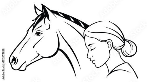 Black and white line of a woman and horse head profile close together line woman profile monochrome side view