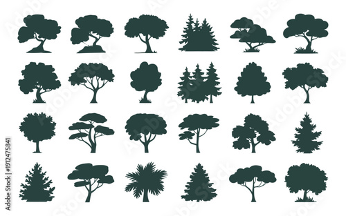 Diverse collection of stylized black and white tree silhouettes against a light background