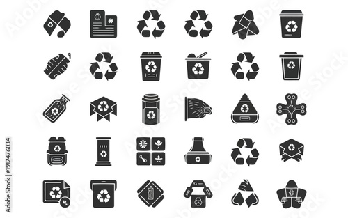 Collection of diverse recycling and sustainability symbols with eco-friendly icons