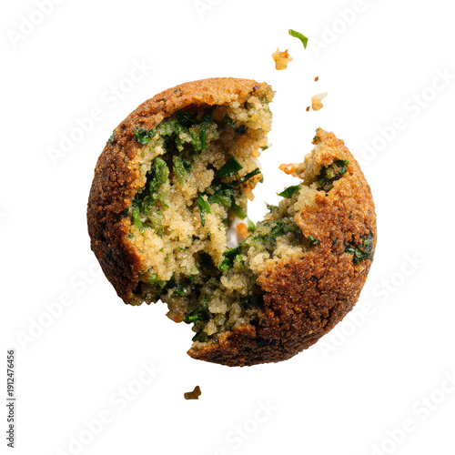 Broken falafel ball shows green herbs, fried, isolated on black background