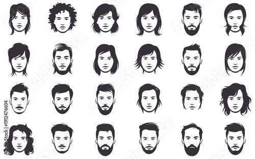 Collection of diverse facial expressions and hairstyles in black and white portrait style