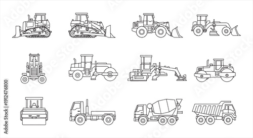 Construction Vehicle Icon Set – Heavy Machinery Line Vector for Engineering and Infrastructure Work