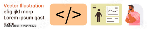 Data analysis, software development, digital decision-making, coding concepts, human interaction, and visualization tools. Code symbol, data charts and a person in thought. Software development