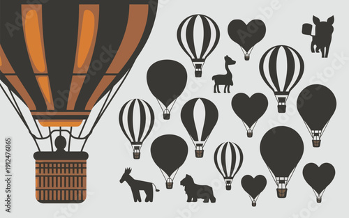 Playful collection of hot air balloons and assorted animals in black and white