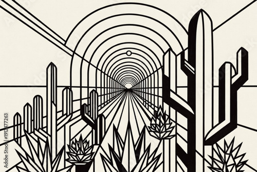 Abstract architectural tunnel line art with geometric perspective arches.