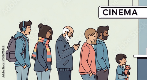 Diverse group of people waiting in line at the cinema.