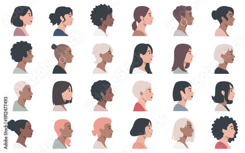 Diverse characters displaying varied emotions and hairstyles in silhouette style