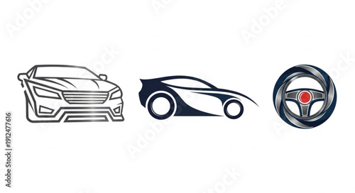 Modern Sports Car Designs and Steering Wheel Icon.