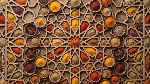 Top-Down View of Assorted Colorful Spices in Bowls on Intricate Wooden Pattern