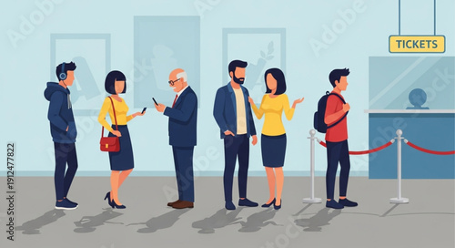 Diverse group of people standing in line at a ticket counter.