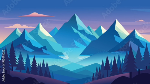 A stylized illustration depicts a range of sharp blue toned mountains under a gradient pink and blue sky high-quality professional