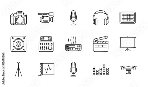 Minimal Audio-Visual Outline Icons Set – AV Technology Vector Pack