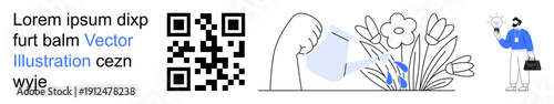 Digital marketing, environmental care, technology, QR code usage, plant growth, inspection. QR code, hand watering flowers person analyzing with magnifying glass. Digital marketing and environmental