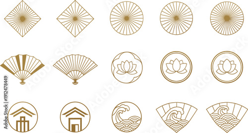 Japanese inspired icon set with sunburst lotus fans waves and traditional symbols minimalist golden line art vector design