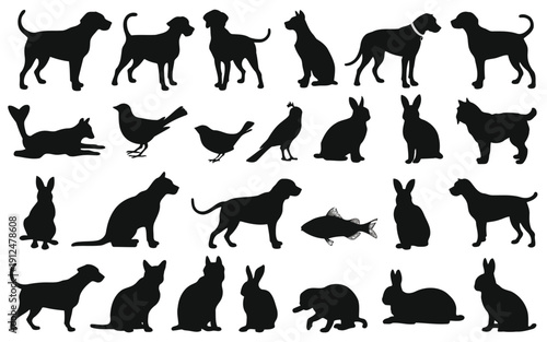 A diverse collection of silhouetted dog breeds in various postures and activities