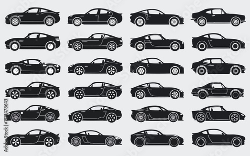 Classic cars arranged in a grid pattern with varying models and designs