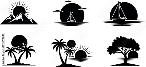 Summer vacation silhouettes sun sea and tropical landscapes