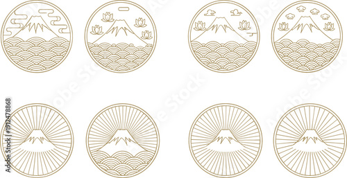 Japanese mountain landscape emblem set with sunrise waves clouds and traditional circular line art vector design