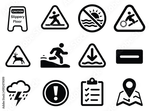 Environmental and Public Area Warning icons, vector outline illustrations of wet floor, slippery surface, no swimming, falling objects, and wildlife crossing symbols, isolated on white background, sui