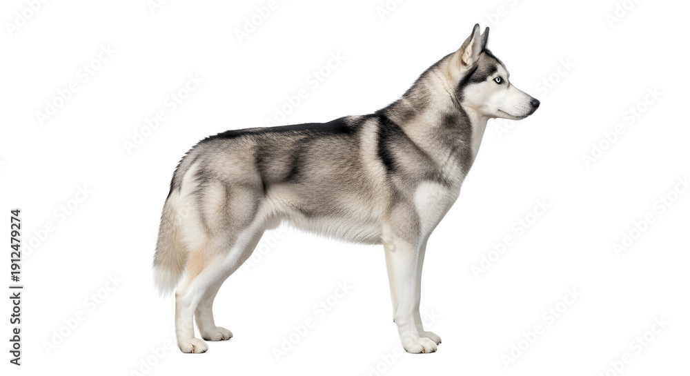 Fototapeta premium A majestic Siberian Husky dog stands proudly, showcasing its striking grey and white coat and piercing blue eyes against a clean white background.