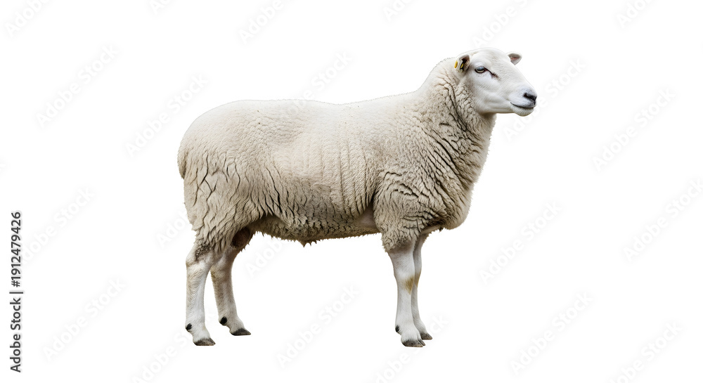 Fototapeta premium A white sheep stands isolated on a clean white background, showcasing its woolly coat and gentle demeanor.