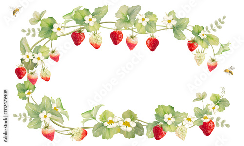 苺とミツバチの水彩フレーム