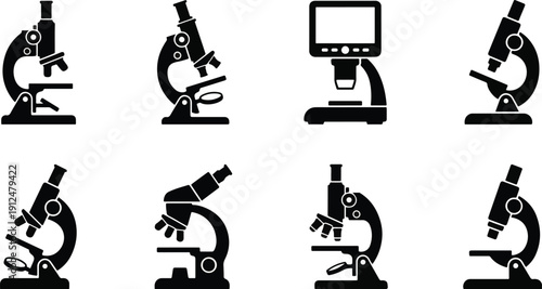 Set of 8 Microscope Icon Vector Silhouettes: Neat and Clean Black and White Science Laboratory Equipment Illustrations Collection for Medical, Research, and Educational Design 2026