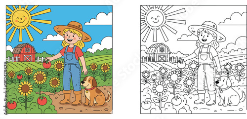 Girl Farmer Gardening with Dog in a Sunny Farm Field with Sunflowers and Barn Illustration and Coloring Page Activity for Kids Educational Worksheet Set for Children (168 Characters)