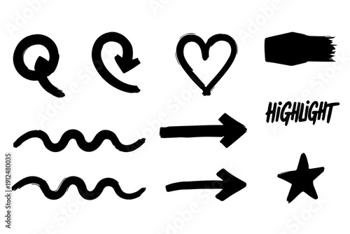 Collection of stylized icons representing various actions and symbols in a hand-drawn format Vector