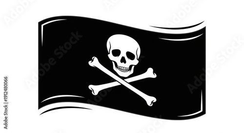 Pirate flag with skull and crossbones symbol waving.