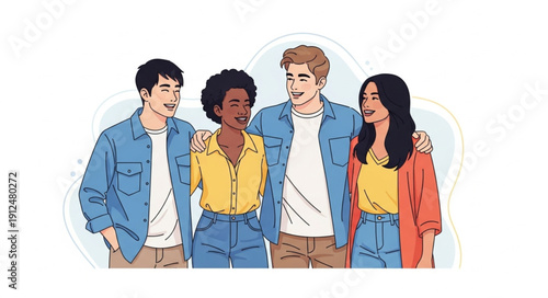 Diverse group of young friends standing together happily.