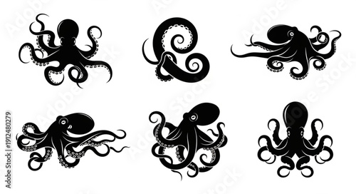 Set of Six Black Octopus Silhouettes on White Background.