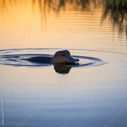 Silhouette of platypus Ornithorhynchus anatinus swimming in a calm river at dusk Australian wetland scene rippling water soft glow reflections
