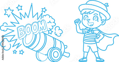 A cartoon-style illustration of a young boy dressed in a striped shirt, a hat, and a cape, standing confidently to the right. He is holding up his fist, seemingly ready to punch or make a gesture.