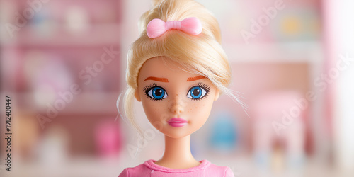 A blonde doll with blue eyes and pink bow in her hair