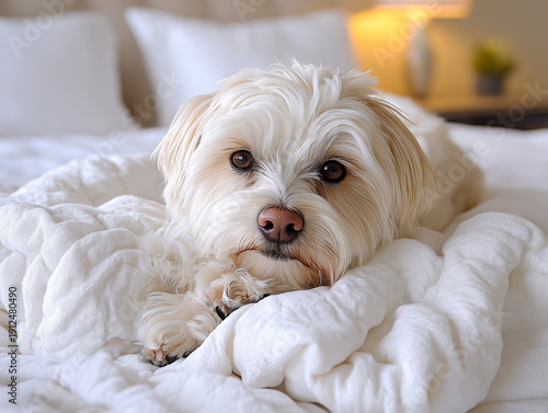 A white dog is laying on a bed with a white blanket