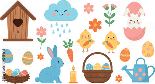 Cute Easter and spring illustration set with bunny chicks eggs flowers and festive elements flat cartoon vector design isolated on white