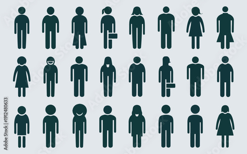 Diverse group of stylized human figures in various poses and attire arrangements