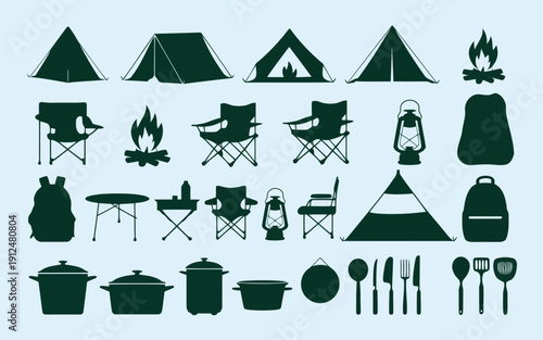 Assorted camping and outdoor equipment icons displayed in black and white