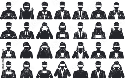 Grid of diverse silhouettes in professional attire with varying hairstyles and accessories
