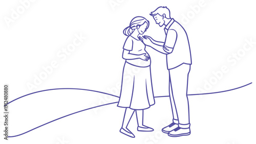 Couple standing outdoors man touching pregnant womans belly simple line