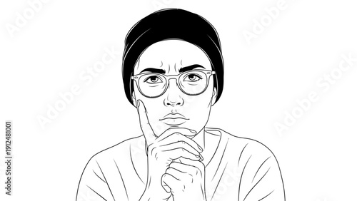 A thoughtful woman with glasses and a turban rests her chin on her hand against a plain white background in a simple line drawing.