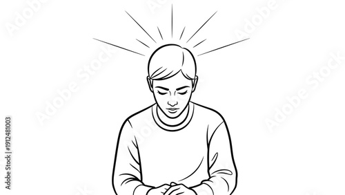 Line drawing of a woman with a thoughtful expression and sunburst lines around her head on a white background.