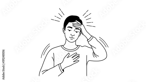 Line drawing of a man clutching his chest and forehead with a pained expression on a white background.
