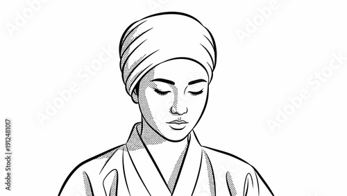 Illustration of a serene woman wearing a bathrobe and towel on her head with closed eyes against a clean white background.