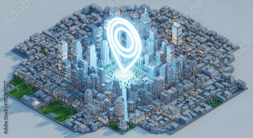 Futuristic cityscape with glowing blue location pin on a 3d map showcasing modern architecture and urban planning