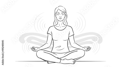 Line drawing of a serene woman meditating in lotus position with hands outstretched and eyes closed on a plain background.